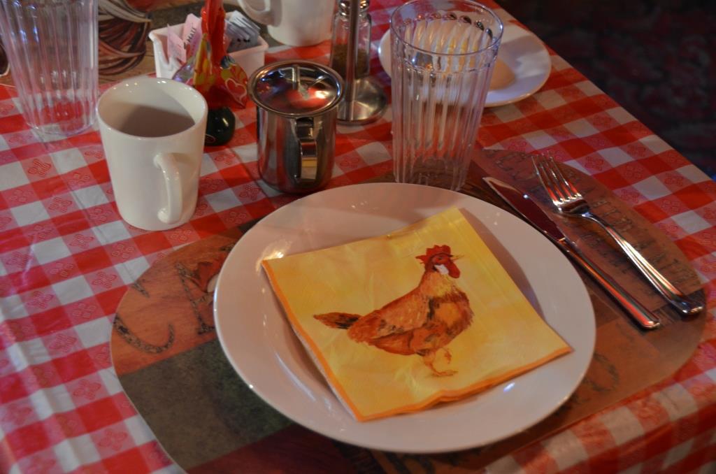 Breakfast Set-up.  Roosters On Dave And Ray's Table Came From My Deceased Aunt's Collection