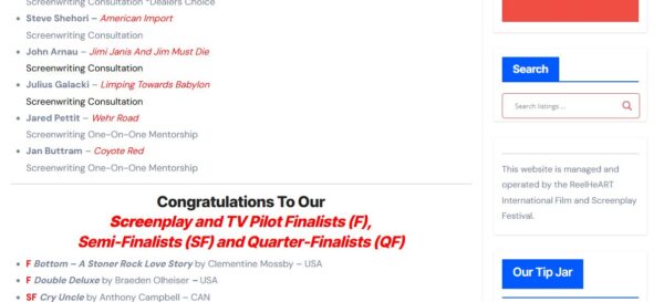ReelHeart 2025 web page of screenplay finalists, etc